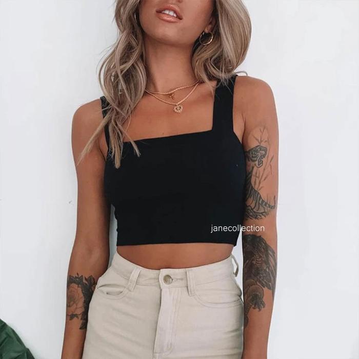 Jane Collection || Tanktop Korea Bahu Lebar Wanita Polos Crop Top Tengtop Square Neck Kamisol Tali L