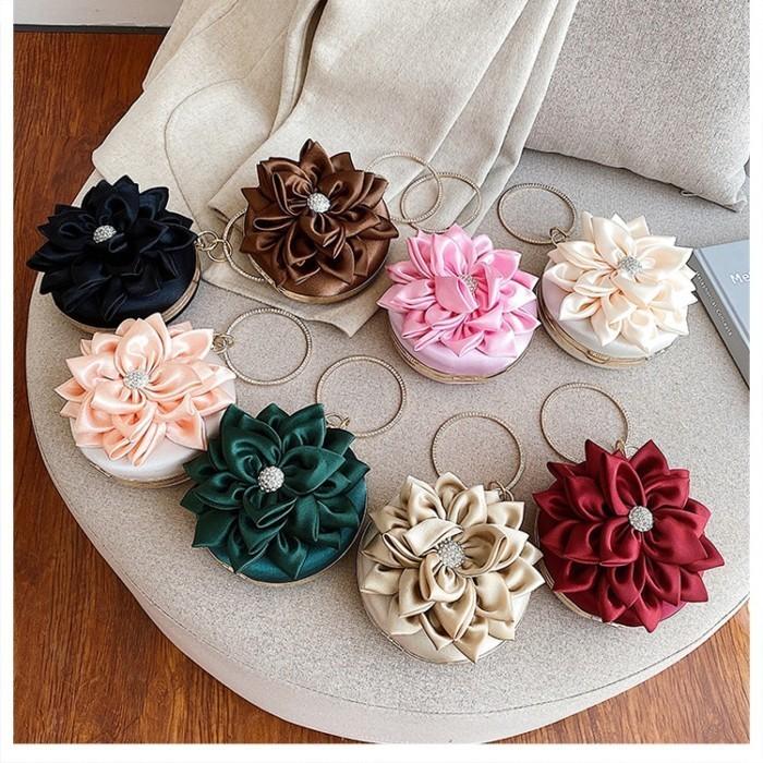 TAS PESTA WANITA BULAT BUNGA CANTIK SELEMPANG IMPORT PREMIUM TERBARU