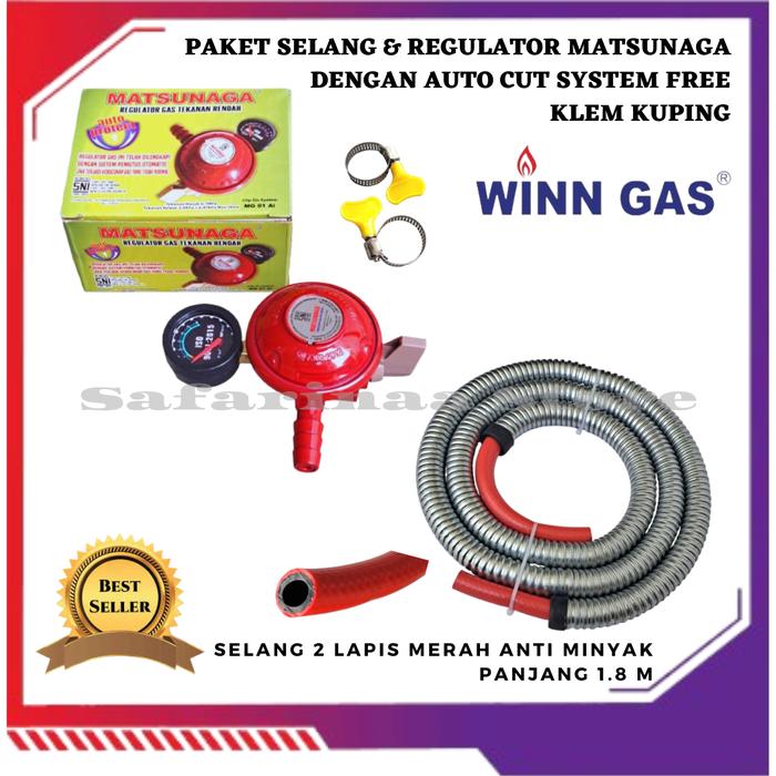REGULATOR ANTI BOCOR KOMPOR GAS LPG MATSUNAGA SET SELANG MERAH ANTI MINYAK 2 LAPIS FREE KLEM KUPING