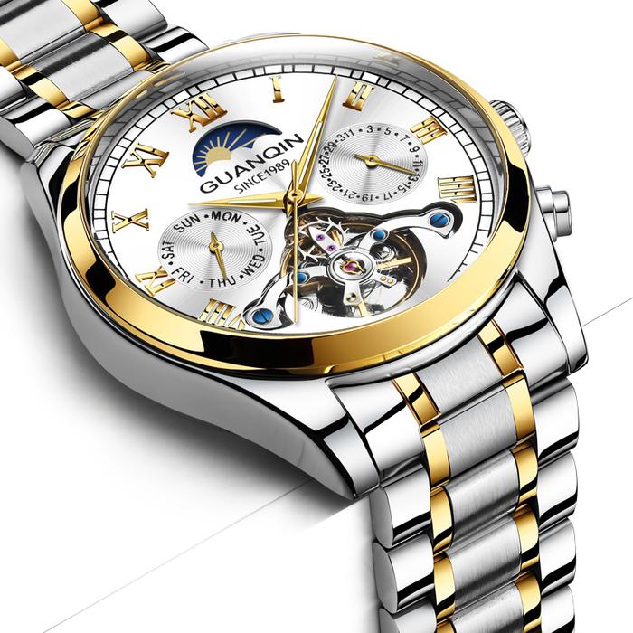 Terbaru, GUANQIN Tourbillon Mechanical Luxury Men's watches Stainless steel Waterproof Moon Phase Wa