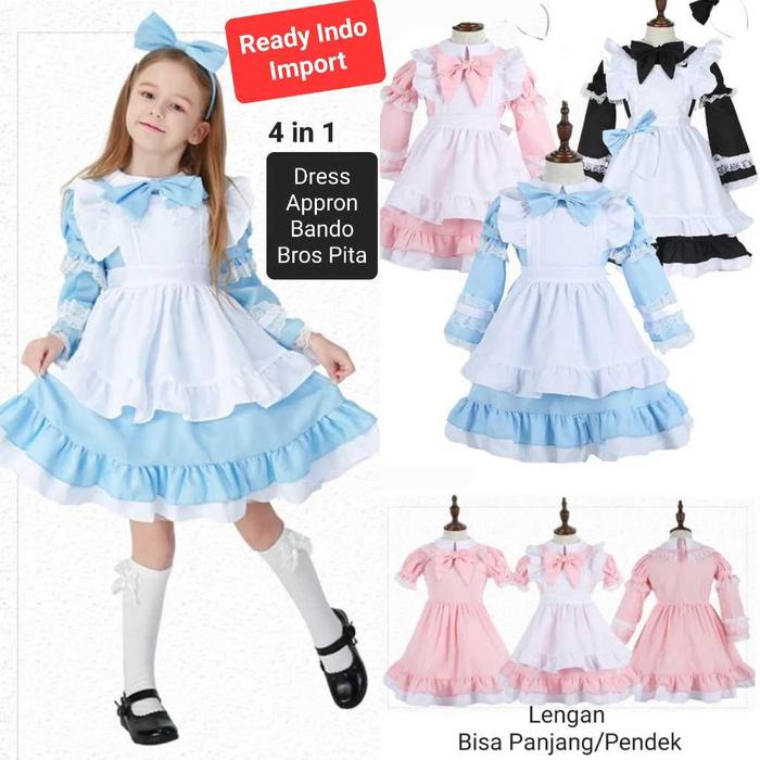 New Kostum Alice in wonderland anak pelayan maid biru pink hitam lengan panjang pendek lolita dress 