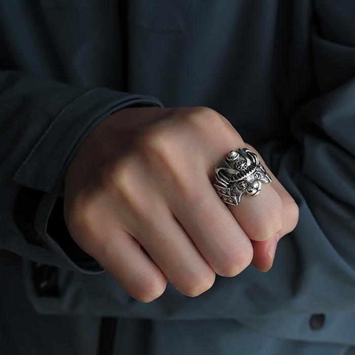 NEW RETRO SAMURAI CAT RING FOR MEN SILVER COLOR PUNK GOTHIC ADJUSTABLE OPEN RING HANDMADE HIPHOP UNI