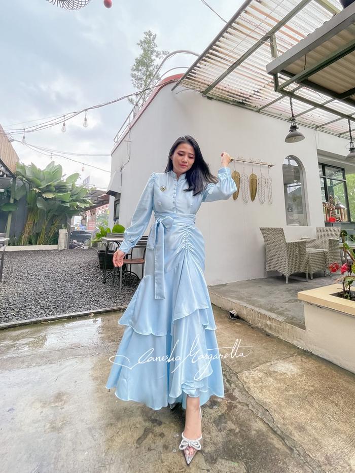 GRATIS ONGKIR Dress Duyung Rok Susun Busui / Dress Serut Satin panjang (Dress+Bross+Belt) 695# Mydre