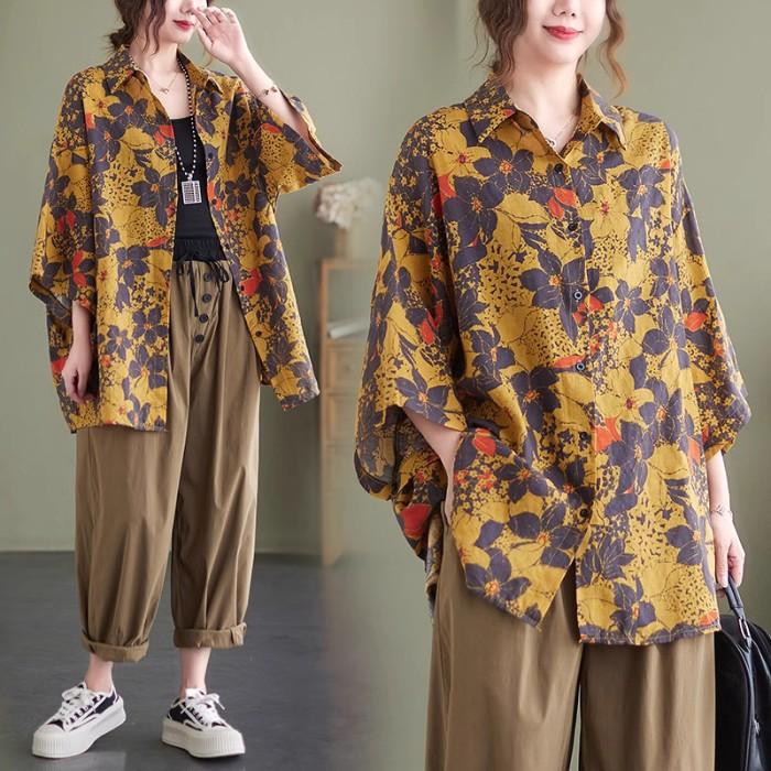 Lc422 Oversized Floral Shirt Kemeja Motif Bunga Vintage Retro