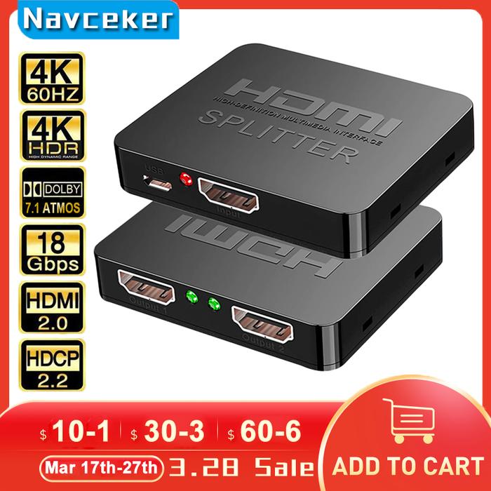 2023 Best 4K HDMI Splitter 1x2 HDMI 2.0 Splitter 1 in 2 out HDMI Amplifier Switch HDR HDMI2.0 Splitt