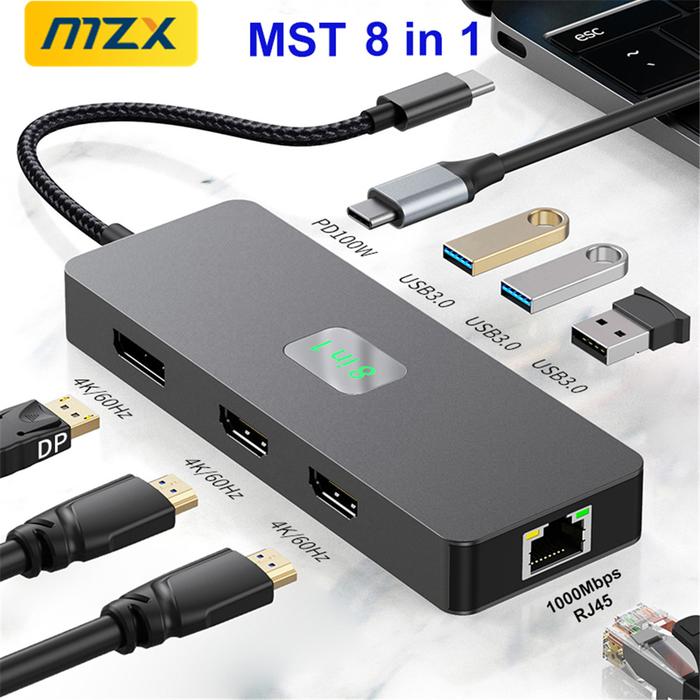 MZX 8in1 MST Docking Station DP HDMI-Compatible 4K 60Hz 1000M RJ45 USB Hub 3 0 3.0 Extension Tipo C