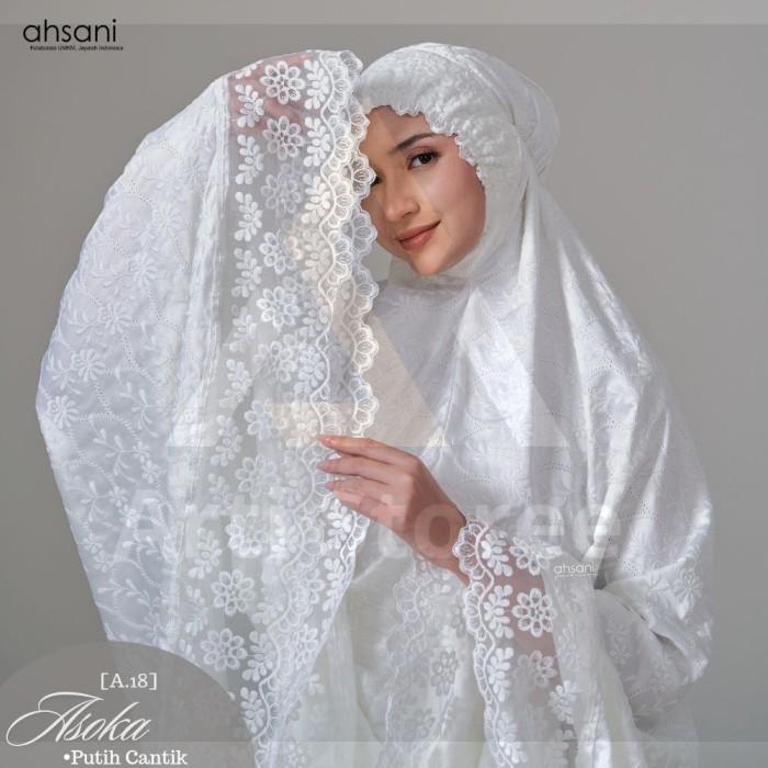 Diskon-Mukena Dewasa Ahsani Asoka A18 Sutra Bordir Original Jumbo Putih-Murah