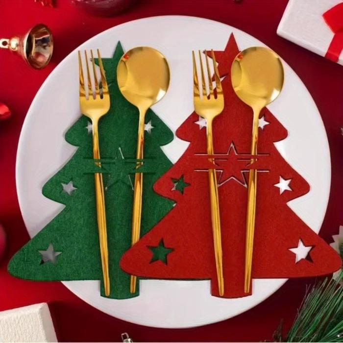 12Pcs Mixed Colors Christmas Knife and Fork Holder Elk Xmas Tree Pocket Cutlery Bag Cookware Organiz