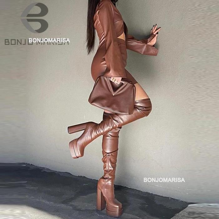 Bonjomarisa Women Thigh High Boots Double Platform Block High Hee
