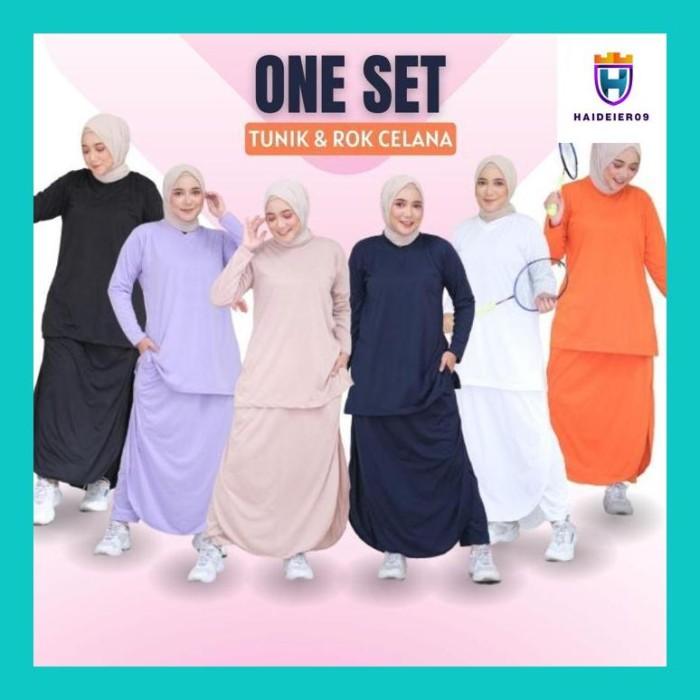 (HAIDE) BAJU SETELAN OLAHRAGA MUSLIMAH POLOS JUMBO AISA WANITA MUSLIM SYARI SET ROK CELANA TRAINING