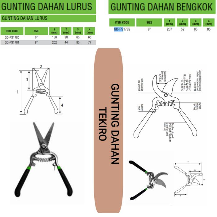 Gunting Dahan 8" 8inch TEKIRO Lurus Lancip Bengkok Stainless Gunting Ranting Tanaman Bunga Bonsai -