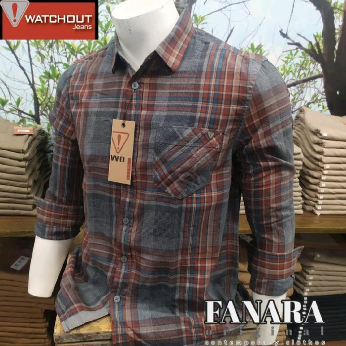 Kemeja Pria Watchout Jeans Maroon Js303030137 N24 Lengan Panjang Katun Terbaru