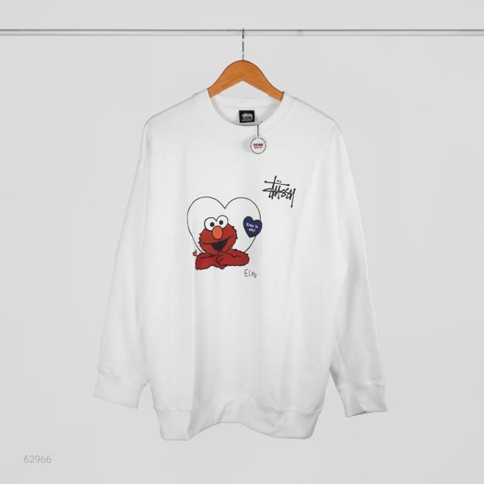 Crewneck Sweater Stussy Sesame Street Elmo Is Silly White Terbaru
