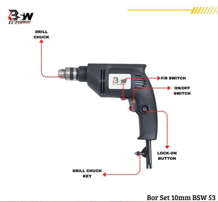 BSW Mesin Bor Koper Set 10 mm Bolak Balik + Set Mata Bor Lengkap Bonus Batu Osco Bor Tangan Listrik