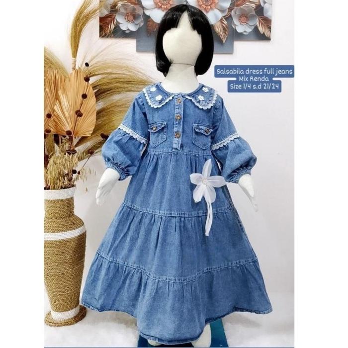 ( Free Bando Karakter ) Gamis Lebaran Anak Perempuan Zahra Full Jeans Semi Gamis Mix Brukat renda Le