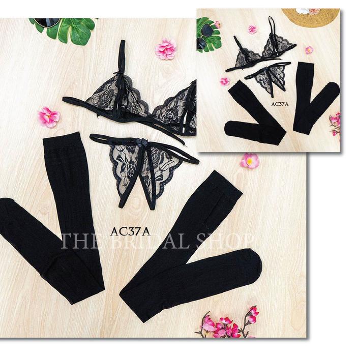 Lingerie Wanita Set BH CD Underwear Brokat Stocking Hitam AC37A