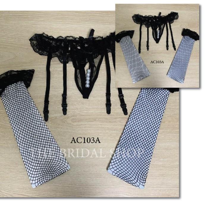 Premium Aksesoris Lingerie Stocking Set Garter Belt Hitam Lace AC103A