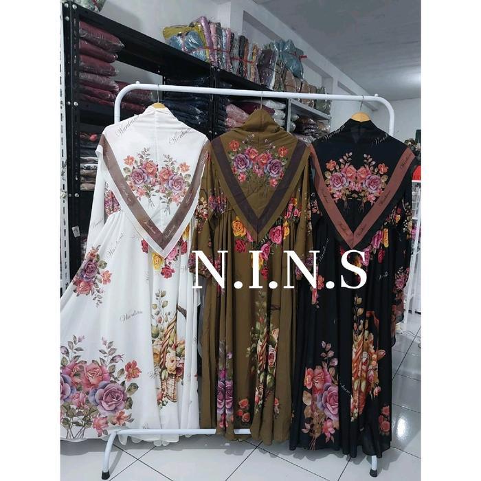 Nins Calista Luxury Gamis Pesta Syari Printing Set Khimar Ceruty Muslim Printing Murah Motif Syari W