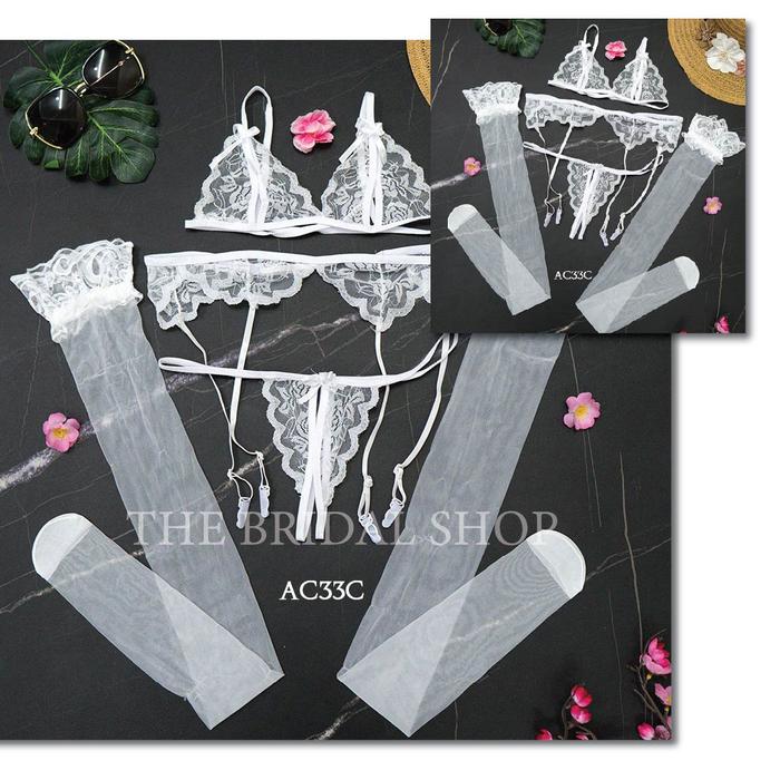 Garter Belt Stocking CD Bra One Set Aksesoris Cosplay Lingerie Putih AC33C