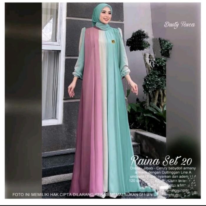 Baju Gamis Wanita Muslim Ada Jumbo Raina Set Dress Jilbab Ceruti Polos Cantik Fashion Perempuan Dewa