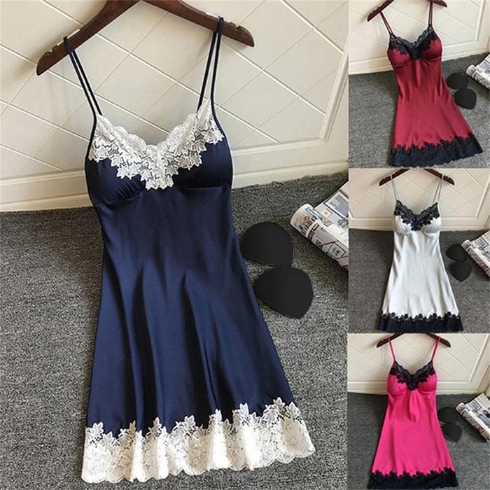 Women's Sexy Lingerie Summer Silk Night Gown Lace Patchwork Mini Night Dress Spaghetti Strap NO Ches