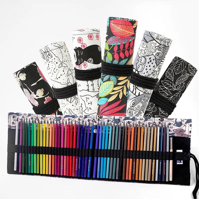 12 Holes Canvas Roll Up Pencil Case School Students Supplies Brush Pen Bag Cute Pencil Cases Station