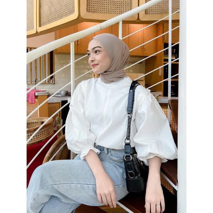 Dress Lebaran Moni Blouse Katun Poplin / Atasan Lengan Balon / Gamis Lebaran