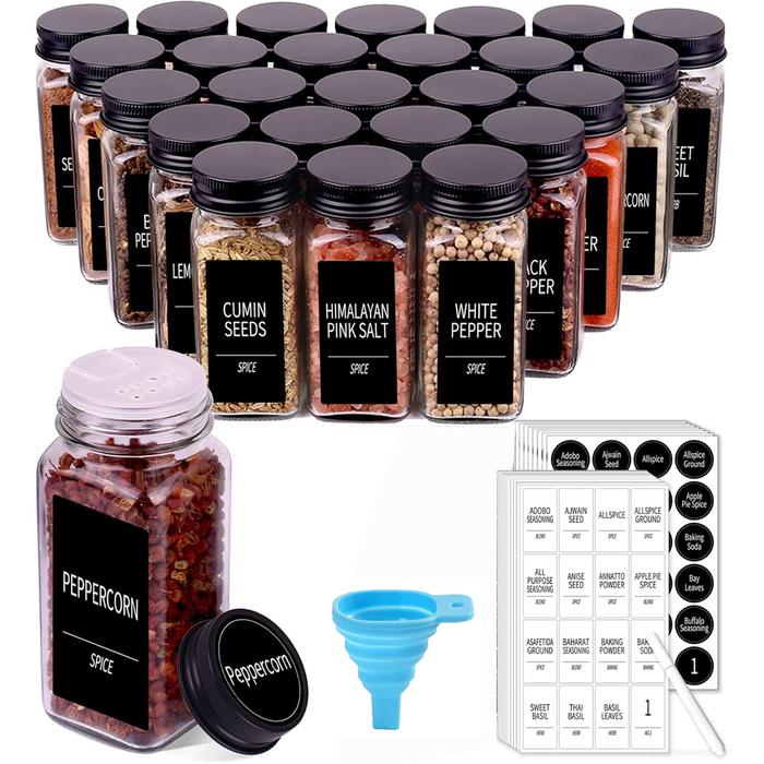 Glass Spice Jars with Labels 4oz Empty Square Spice Containers Seasoning Bottles Shaker Lids, Funnel