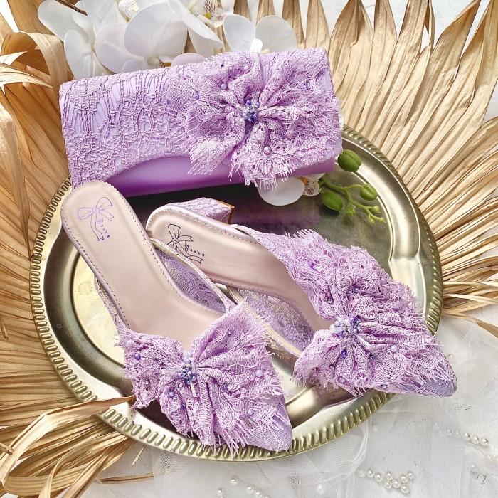 SET LILAC SELOP SEPATU PESTA WANITA BLOCK HEEL 5CM & CLUTCH SET AVEDA