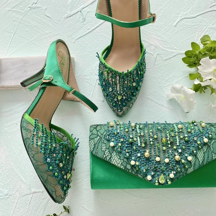 SET EMERALD GREEN SEPATU PESTA WANITA STILETTO BLOCK TAS CLUTCH AVEDA