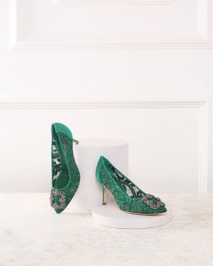 SEPATU HEELS WANITA MANOLO BLAHNIK HANGISI 7CM GREEN LACE JEWEL BUCKLE PUMPS ORIGINAL