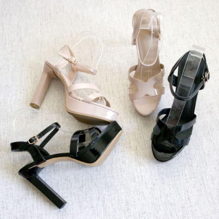 YKSHOES 1678 HEELS 12CM STRAPPY BLACK CREAM HEELS HAK BIG CHUNKY SQUAR