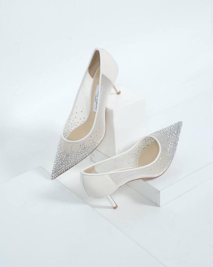 SEPATU HEELS WANITA JIMMY CHOO LOVE 6.5CM PUMPS DEGRADE CRYSTAL GALAXY ON MESH WHITE/CRYSTAL ORIGINA