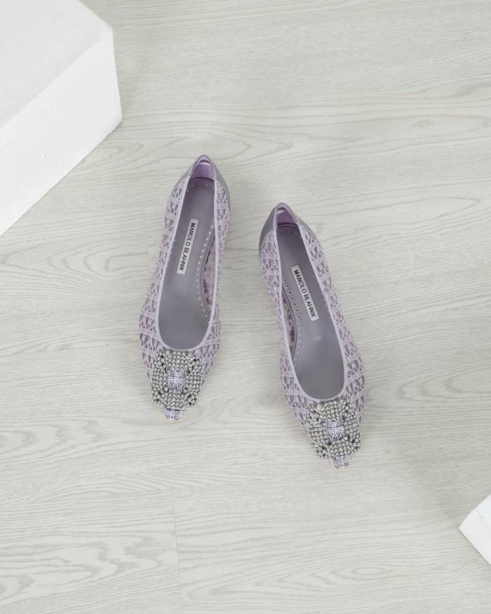 SEPATU HEELS WANITA MANOLO BLAHNIK HANGISI FLAT LILAC LACE PEARL BUCKLE ORIGINAL