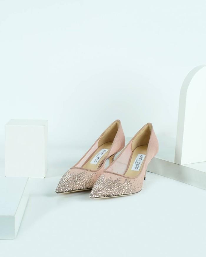 SEPATU HEELS WANITA JIMMY CHOO LOVE 6.5CM PUMPS DEGRADE CRYSTAL GALAXY ON MESH BALLET PINK ORIGINAL