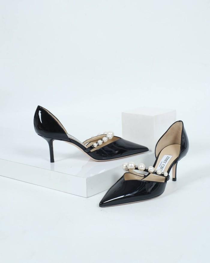 SEPATU HEELS WANITA JIMMY CHOO AURELIE 6.5CM PUMPS BLACK/WHITE PATENT ORIGINAL