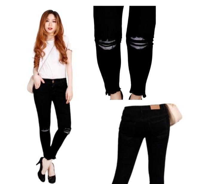 ( 27 - 34 ) celana jeans wanita 7/9 grey ripped jeans bahan softjeans
