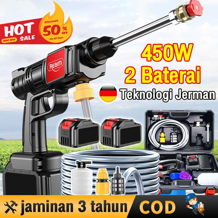 Reaim Jet Cleaner Alat Cuci Motor Mobil Semprot 2Baterai Cordless Tekanan Tinggi Mesin Cuci Mobil