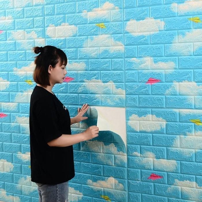 Paket 10 Lembar Wallpaper Foam 3D Timbul Motif Awan Wallsticker Dinding Timbul Dekorasi Kamar Murah