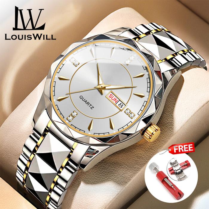 LouisWill Jam Tangan Quartz Pria, Arloji Strip Baja Kalender Ganda Tah