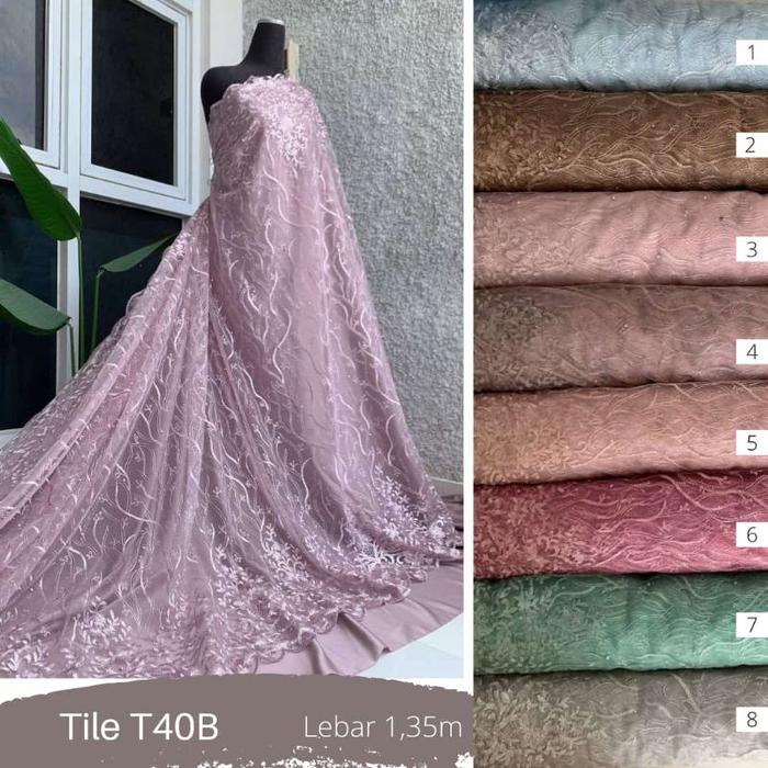 ABC TEXTILE TILE BROKAT MUTIARA TUMPAL / TILE40B / BROKAT TULE MOTIF AKAR RAMBAT (per ½ meter)