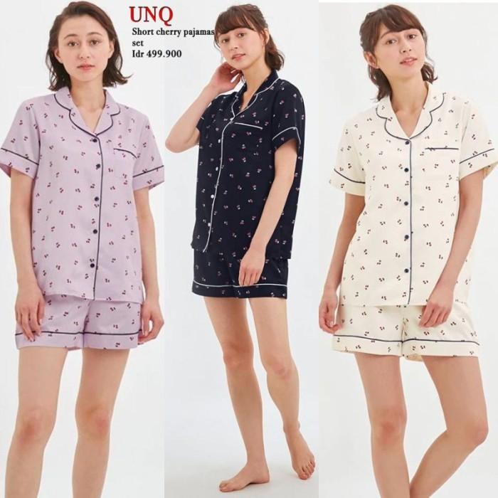 SET PIYAMA GU BY UNIQLO SATIN PAJAMAS MOTIF CHERRY