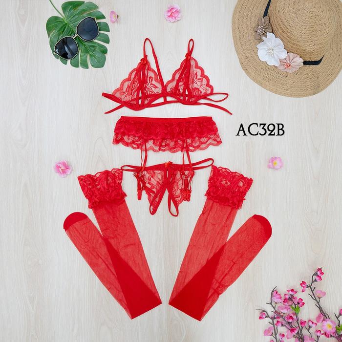 Premium Suspender CD Bra Stocking Merah Lingerie AC32B
