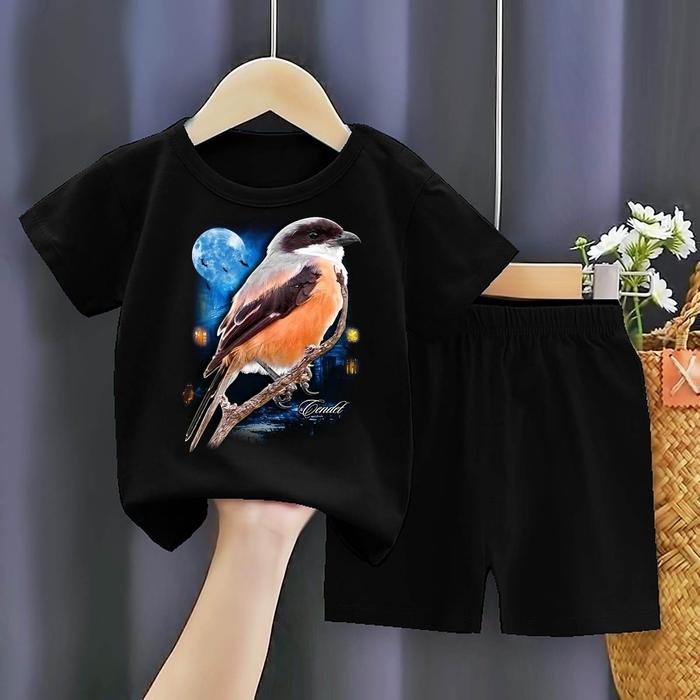 Produk SETELAN KAOS ANAK 1SET HITAM MOTIF DTF GAMBAR BURUNG CENDET TERBARU KEREN / BISA COD Barang B