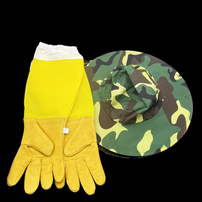 Beekeeper Protective Hat Cap Camouflage With Veil And Long Sleeve Gloves Protection Anti Bite Honey 