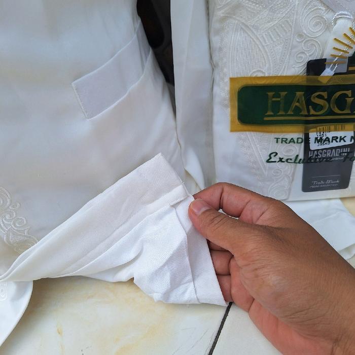 PRODUK TERBARU JASKO MEWAH HASGRADINI KANTONG 3 PUTIH BORDIR SENADA PRIA MUSLIM DEWASA - PANJANG,JAS