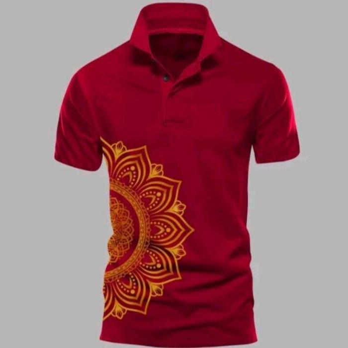 Produk KAOS COWO BASIC KERAH WARNA MARUN KAOS POLO KANCING 2 MOTIF BATIK BUNGA GOLD SAMPING DTF PRIN