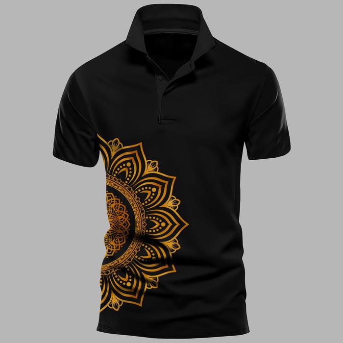 Produk KAOS BATIK GOLD KUNING MOTIF DTF PRINT TERBARU BAJU KAOS COWO WARNA HITAM KERAH POLO KANCING 