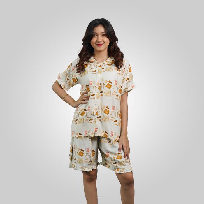 BATIK TRUSMI One Set Piyama Setelan Pendek Motif Adeeva Warna Cream MOP