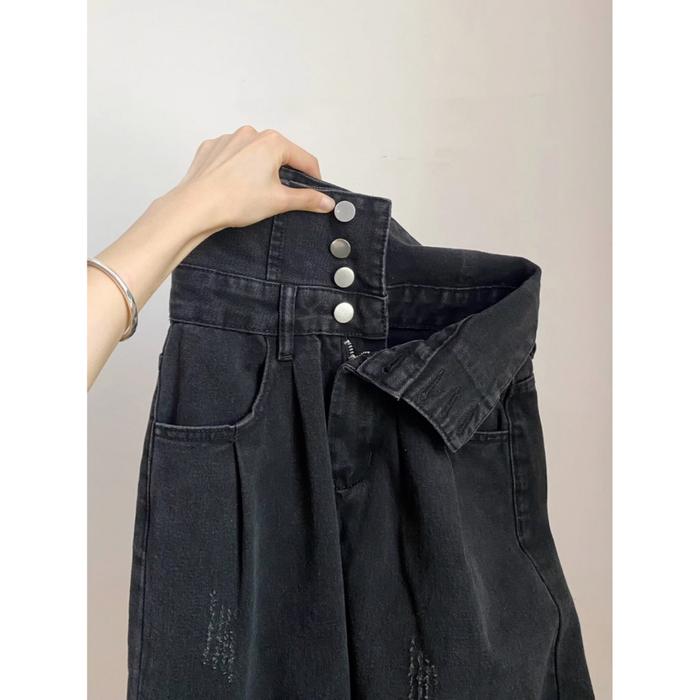 Produk New Korea Highwaist Berpayudara / Kerah Berdiri Loose Celana Jeans Wanita Barang Berkwalitas